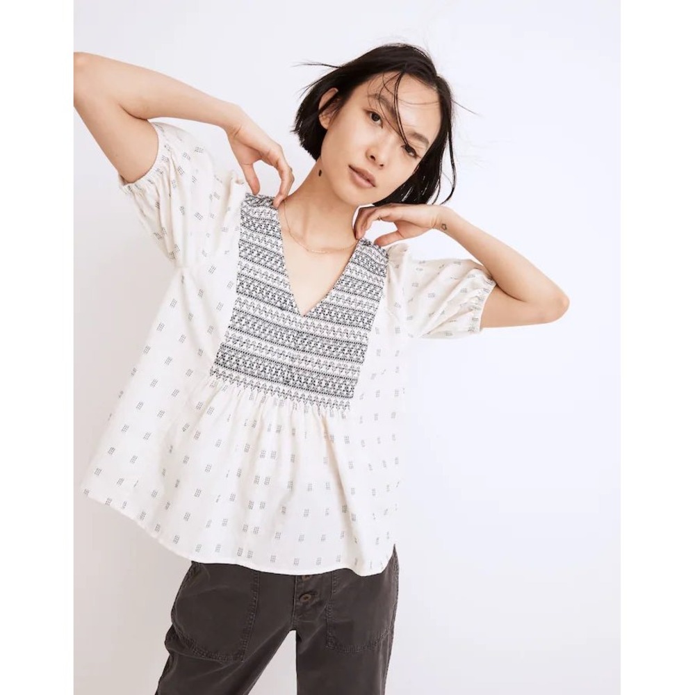 NWT Madewell Embroidered Smocked V Neck Puff Sleeve Peasant Top Cream Navy L